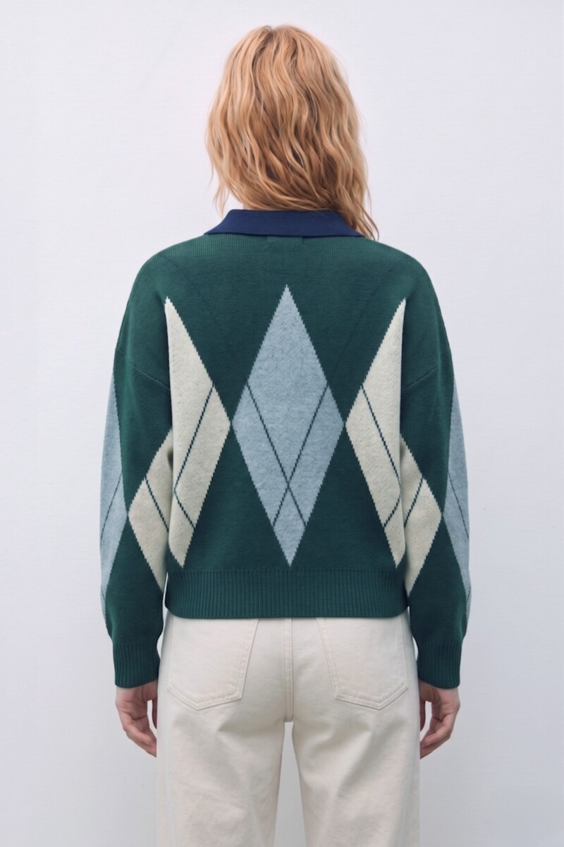 Sweater rombos cuello polo verde ingles
