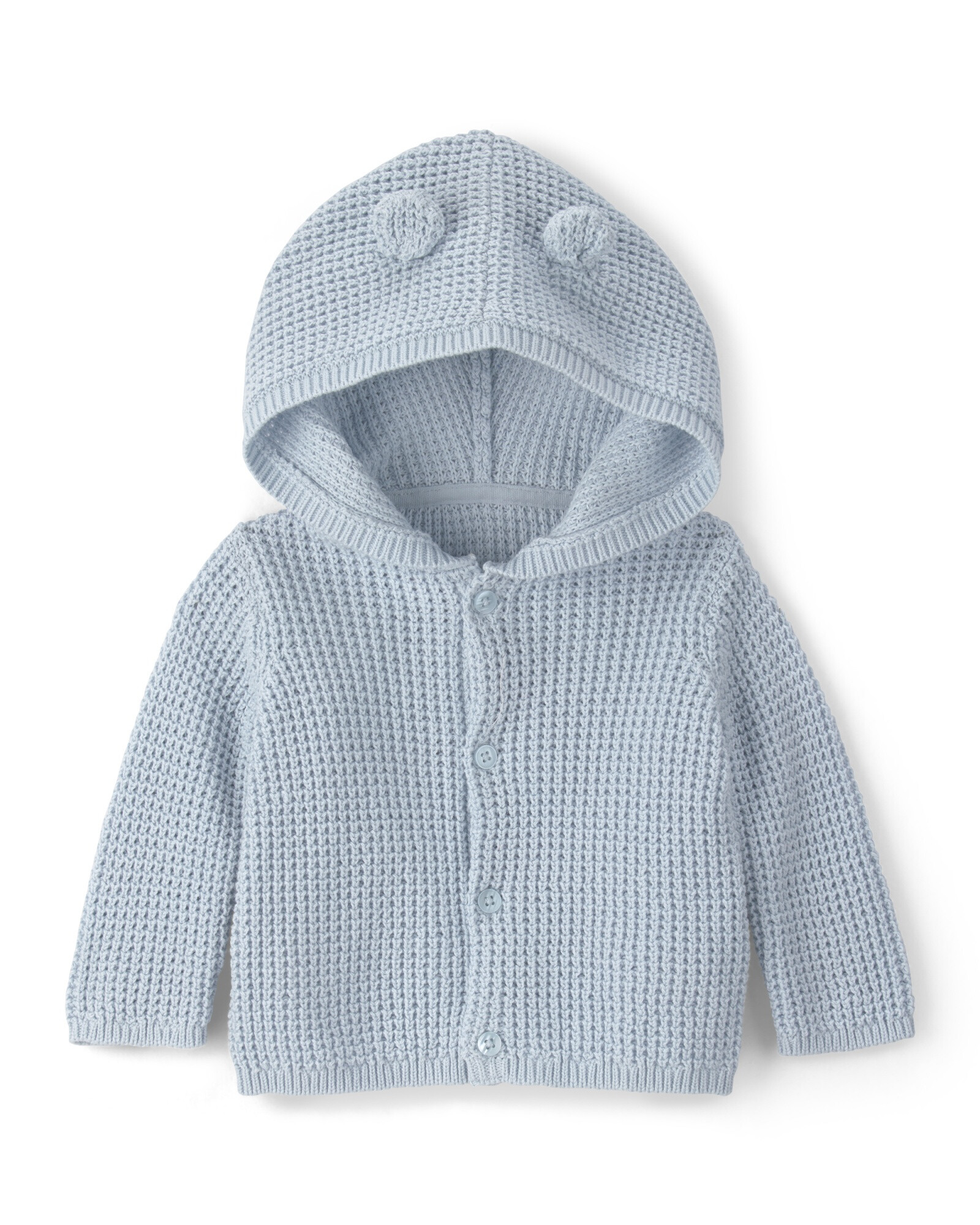 Saco de punto con capucha, celeste, diseño oso Saco de punto con capucha, celeste, diseño oso