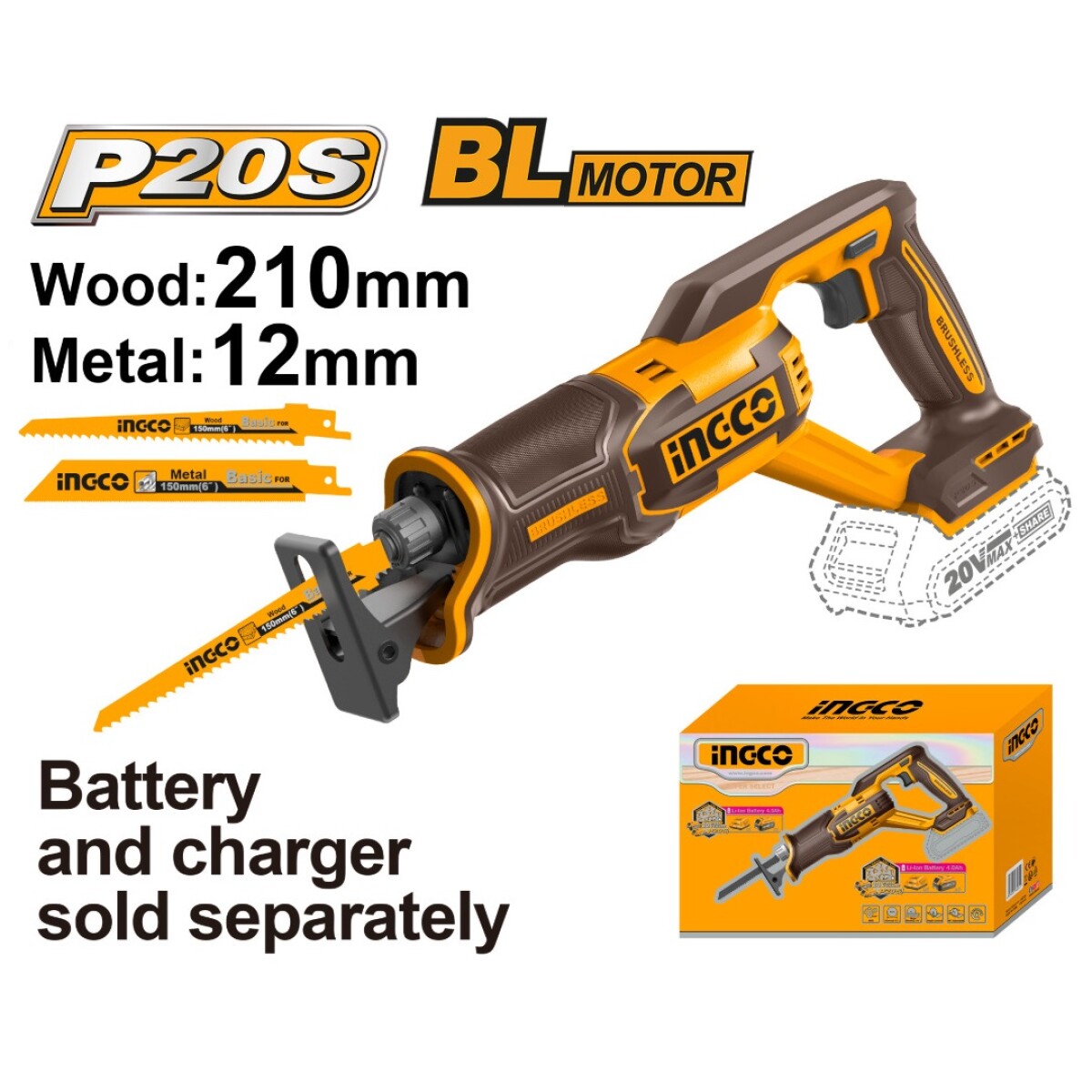 Sierra Sable A Batería Ingco CRSLI2108 20V P20S Brushless - AMARILLO-NEGRO 