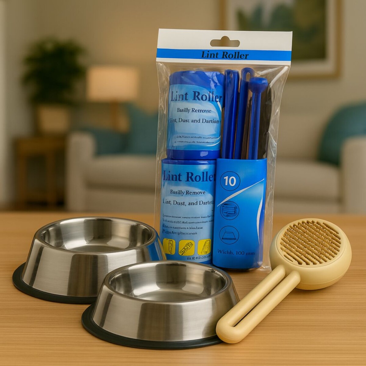 PACK MASCOTA CEPILLO + SACA PELOS + PLATOS DE COMIDA Y AGUA 