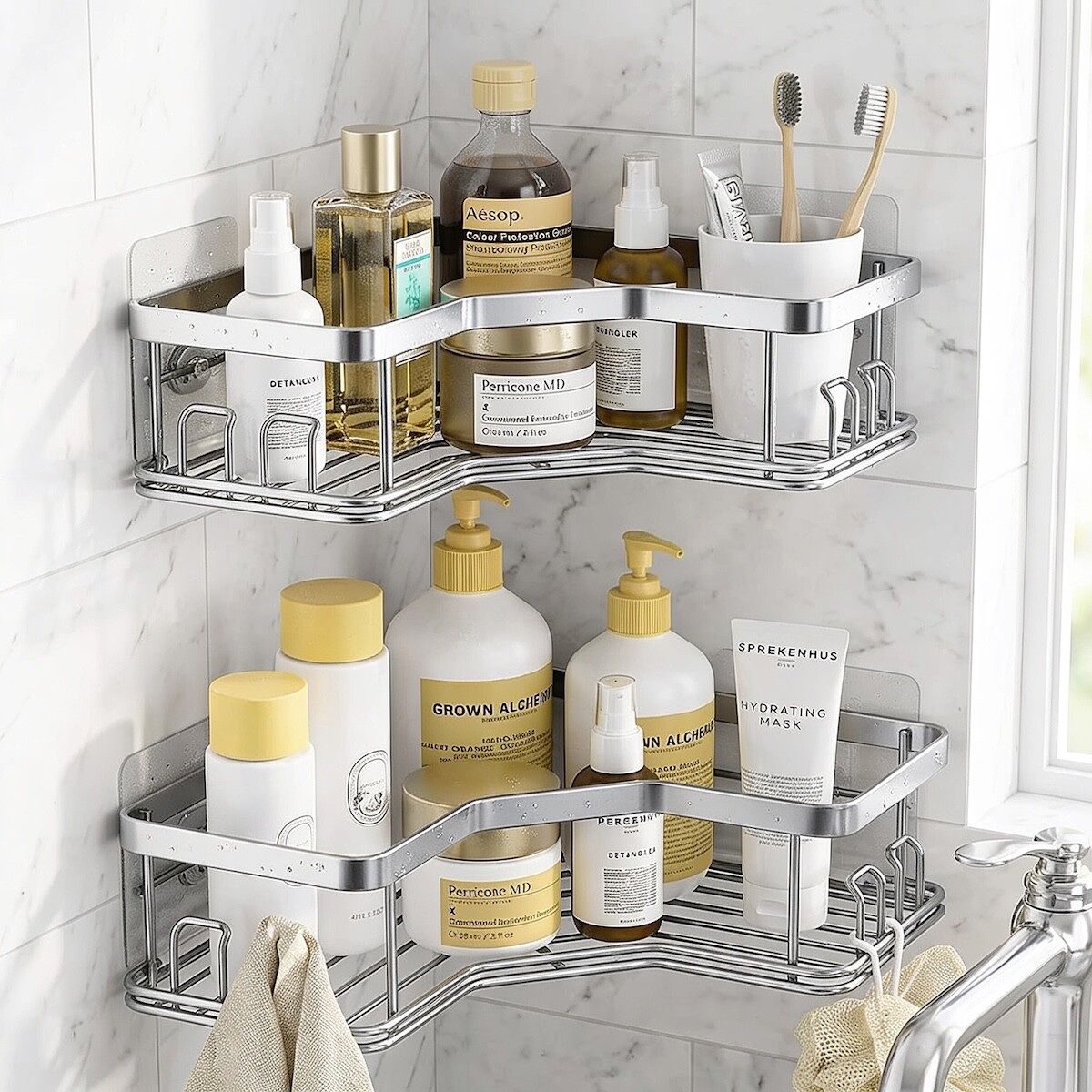 Set X2 Estantes Esquinero Organizador Baño Ducha Y Adhesivos Linea Premium Imback Color Plateado 