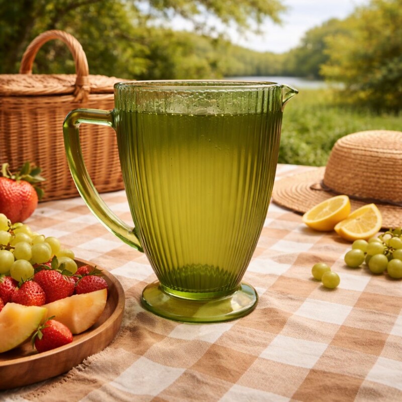 Jarra de Vidrio Labrada Diseño Elegante de Lineas Verde