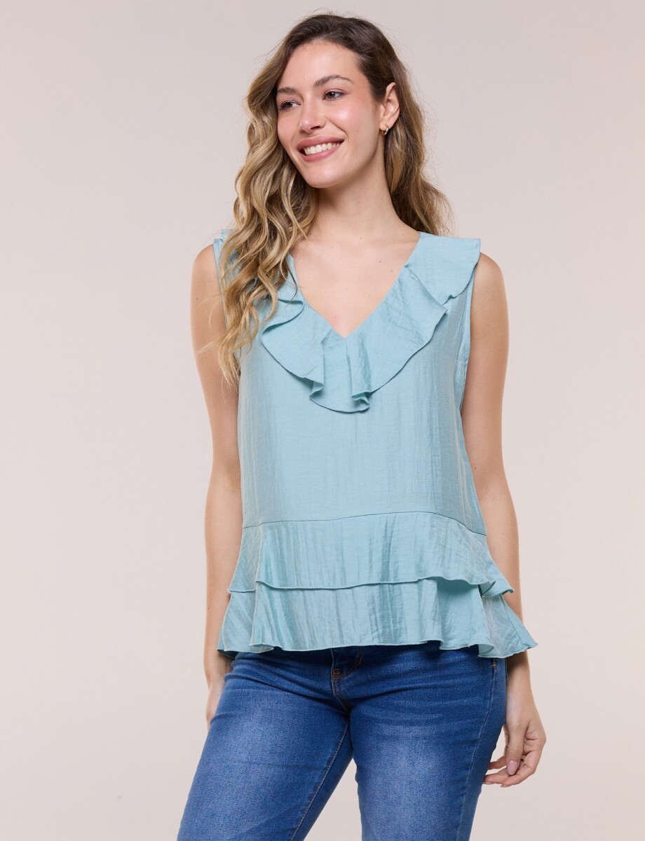 Blusa Con Cuello Volado Y Ruedo Peplum - Verde Agua 