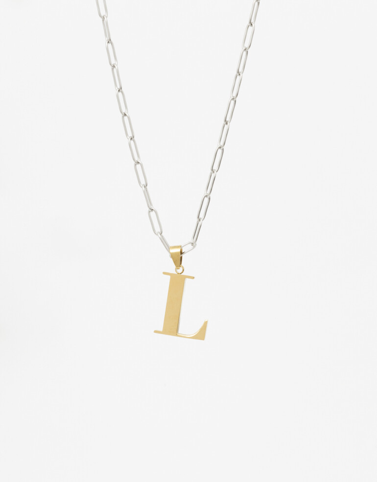 Cadena Corta con Dije Letras Cadena De Acero Inicial Letra "l" - Combinacion Bicolor