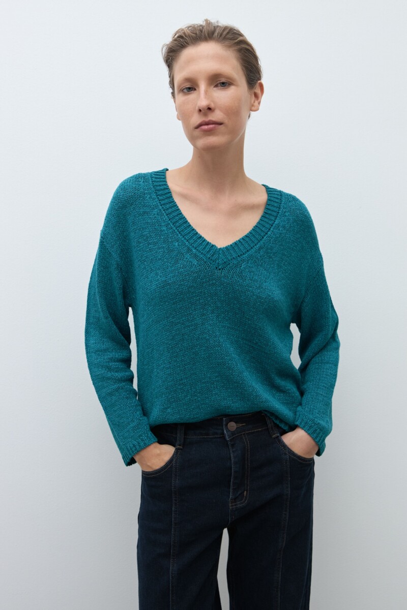 Sweater cinta escote V verde petroleo
