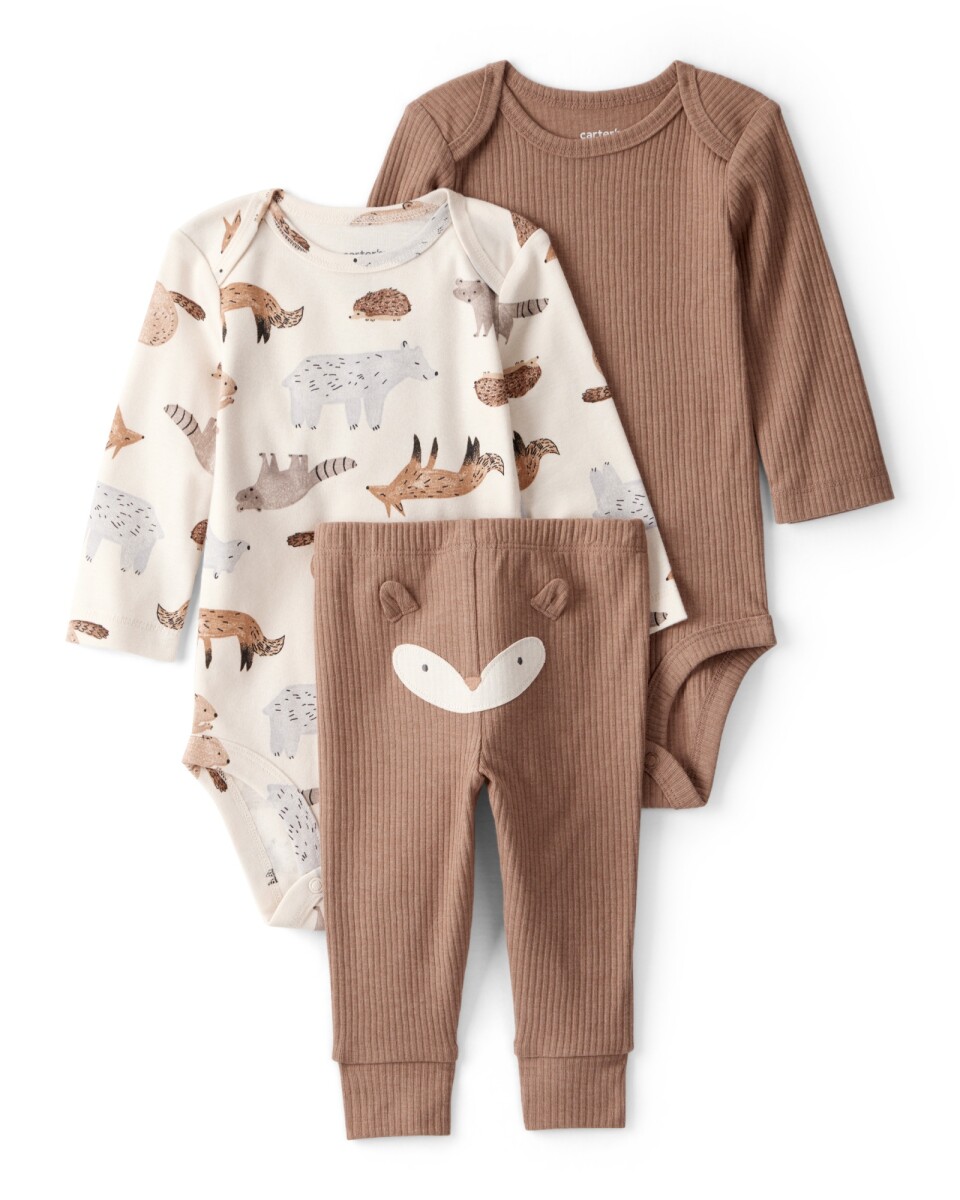 Set tres piezas de algodón, pantalón y dos bodies, diseño zorro 