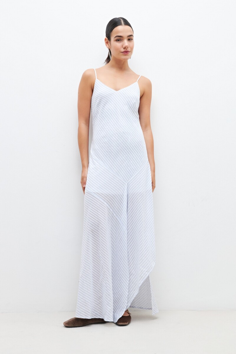 Maxi vestido a rayas con brillos celeste
