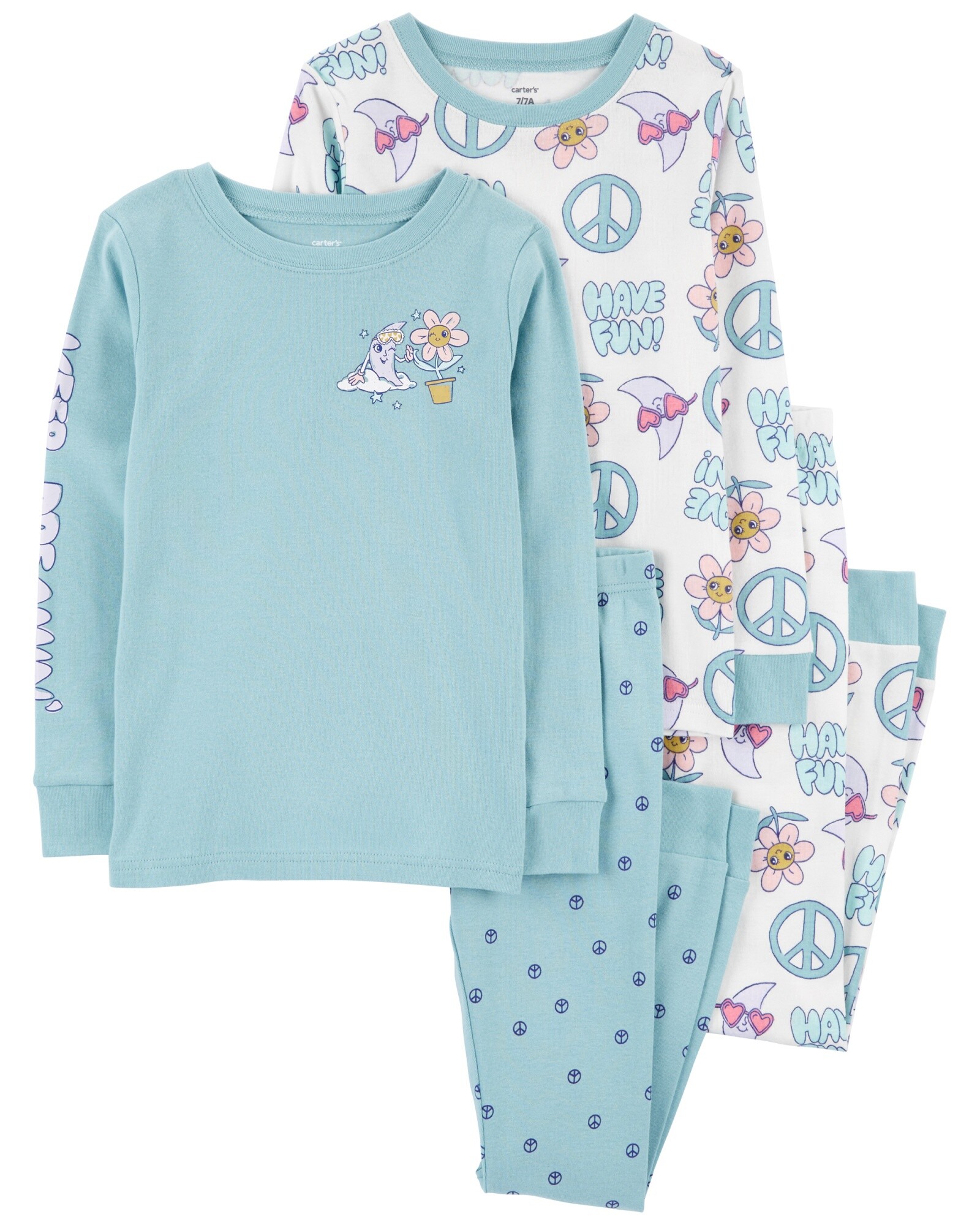 Pijama cuatro piezas de algodón, dos pantalones y dos remeras, estampados Sin color