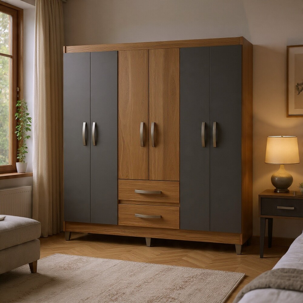 ROPERO 6 PUERTAS 2 CAJONES GUARDARROPA ARMARIO CLÓSET PLACARD MADERA GRIS