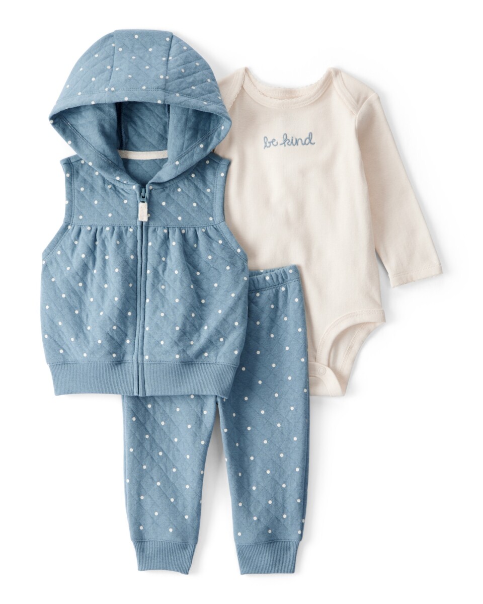 Set tres piezas de algodón, chaleco y pantalón capitoneados más body 