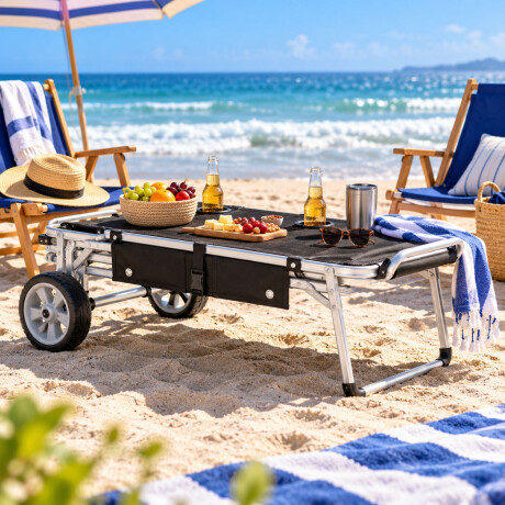 Carrito Playa p/Sillas y Sombrilla Convertible en Mesa Mor Negro