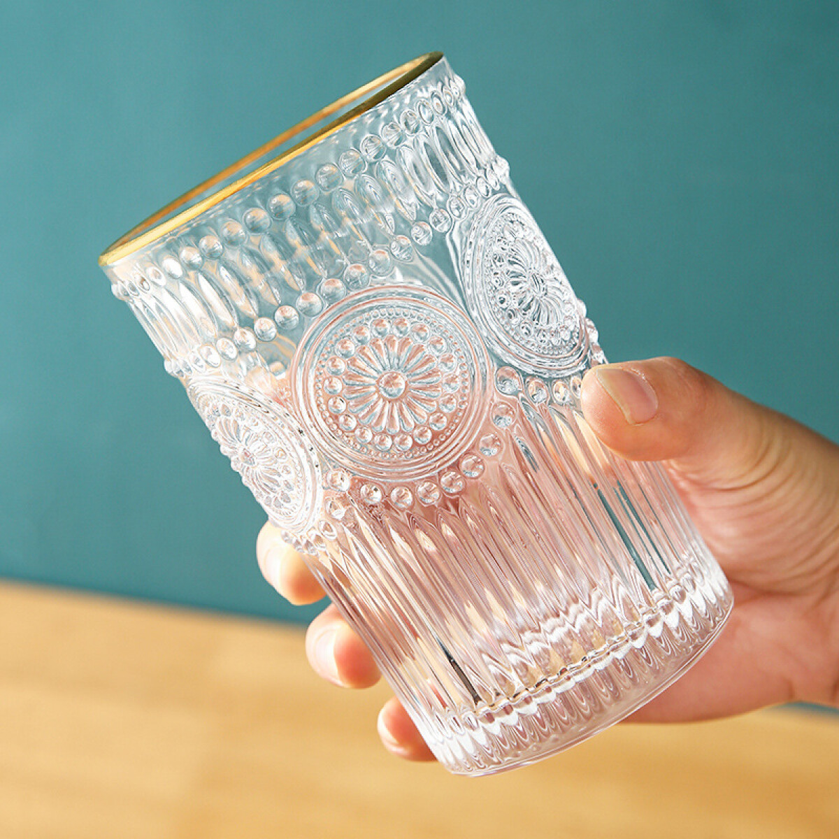 Vaso de Vidrio Labrado Borde Dorado Set 6 unidades 