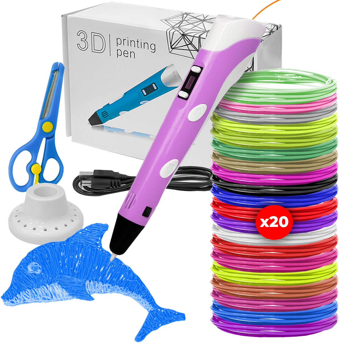 Lápiz Impresora 3d + 20 Filamentos Marcador Lapicera - Rosa 