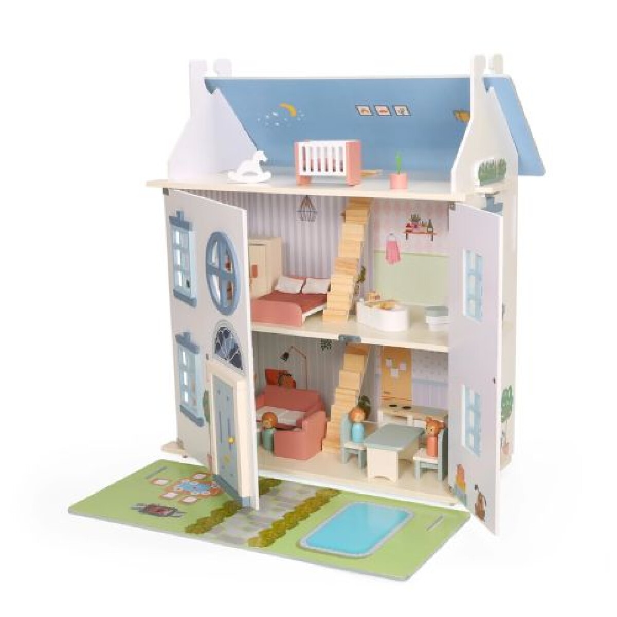 Casita de muñecas en madera 3 pisos + accesorios - Casita De Muñecas En Madera 3 Pisos + Accesorios 