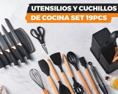 Set de utensilios y cuchillos de cocina 19 pzs con soporte y tabla