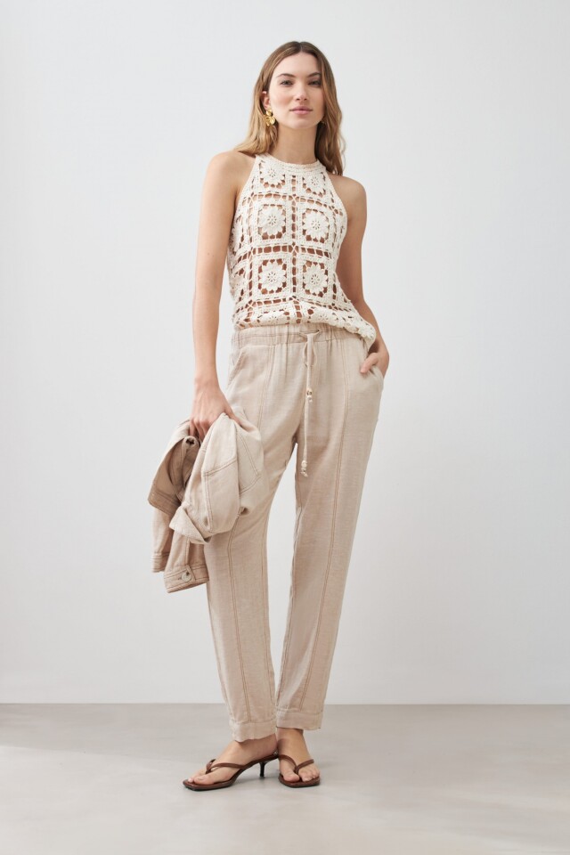 Pantalón pijama de lino con pespuntes en contraste beige melange