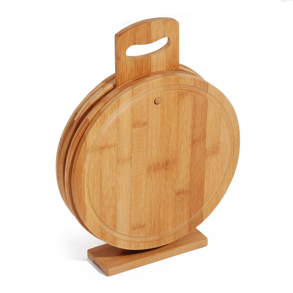 Set 4 Tablas de Cortar Redondas de Bambú con Soporte – 5 Piezas SET 5PZAS 4 TABLA CORTAR REDO D24X1CM C/SOP 32X5CM
