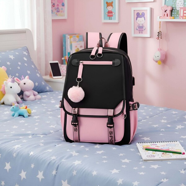 Pack x3 Mochila Kawaii Impermeable Usb Multuso Resistente Variante Color Rosa Negro