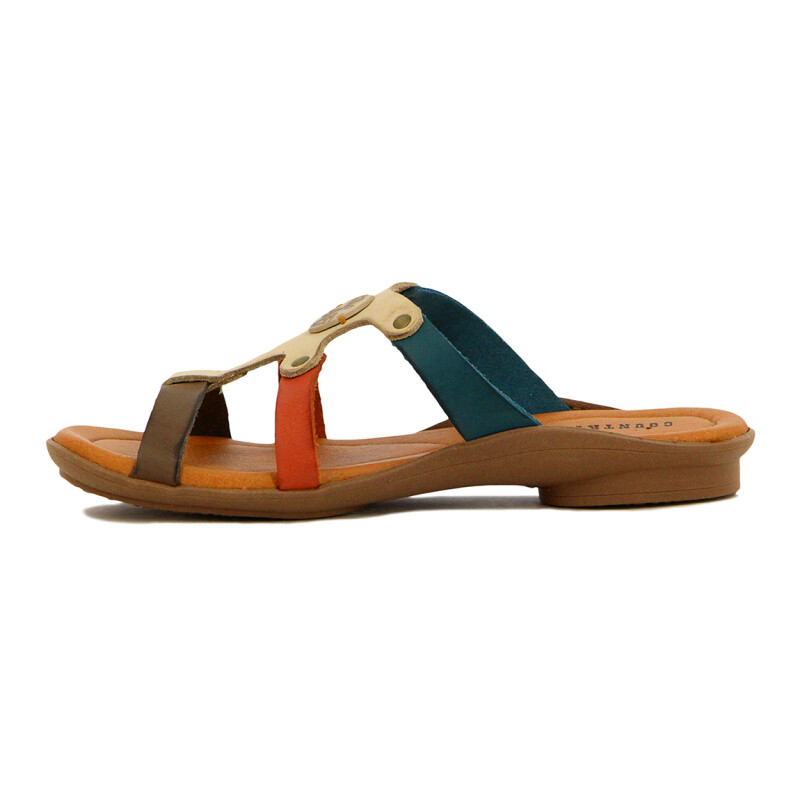 Country Sandalia Casual Cuero 3 Tiras Combinadas S/baja Tabaco-mix