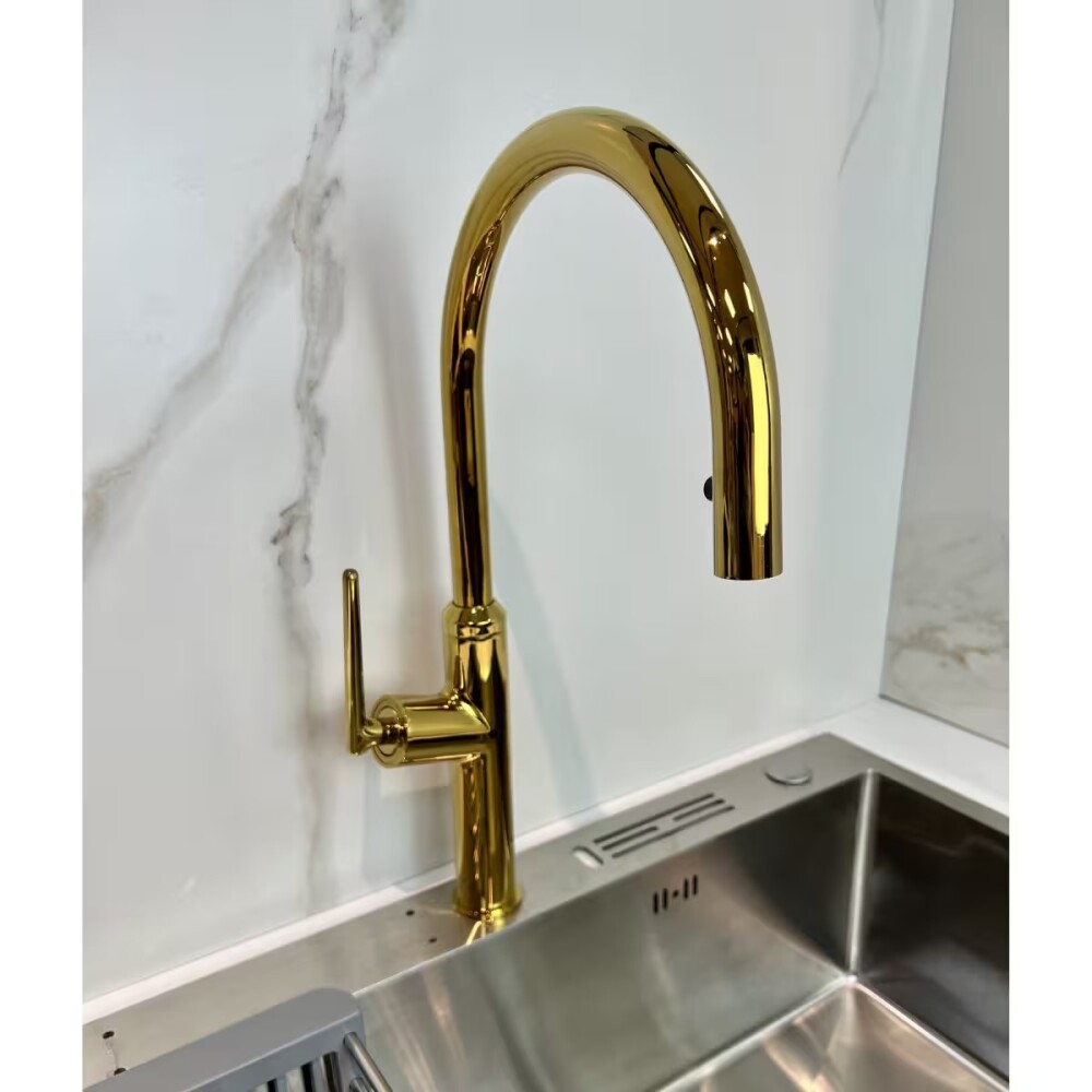 Grifería de cocina Monocomando de mesada extensible Oro Brillante Grifería De Cocina Monocomando De Mesada Extensible Oro Brillante