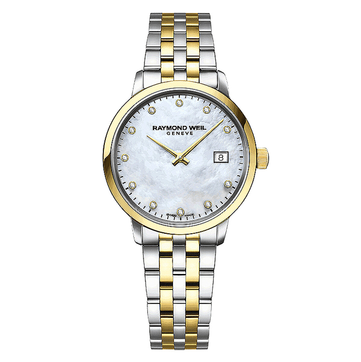 Reloj Raymond Weil Toccata en acero y PVD de oro amarillo, esfera de madre perla y 11 brillantes 