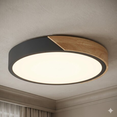 Plafón led circular de madera y aluminio negro mate Luz cálida
