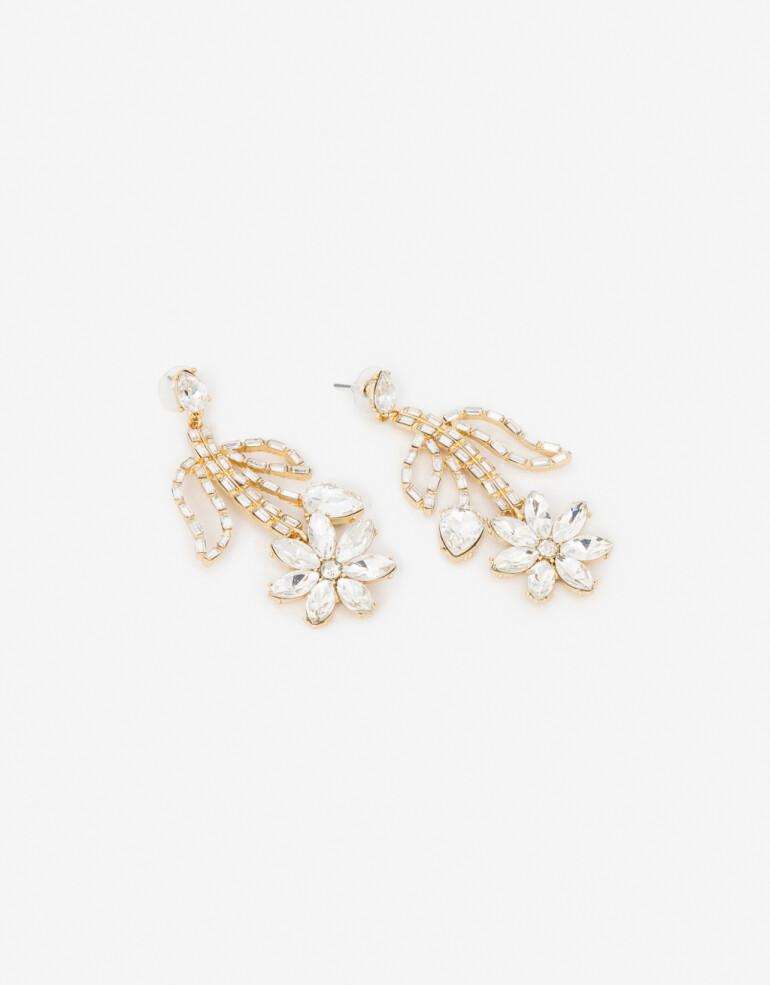 Aros Colgantes Largos Strass Aros Largos Flor De Strass - Dorado