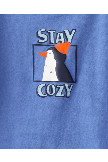Remera de algodón, manga larga, azul, estampa pingüino Sin color