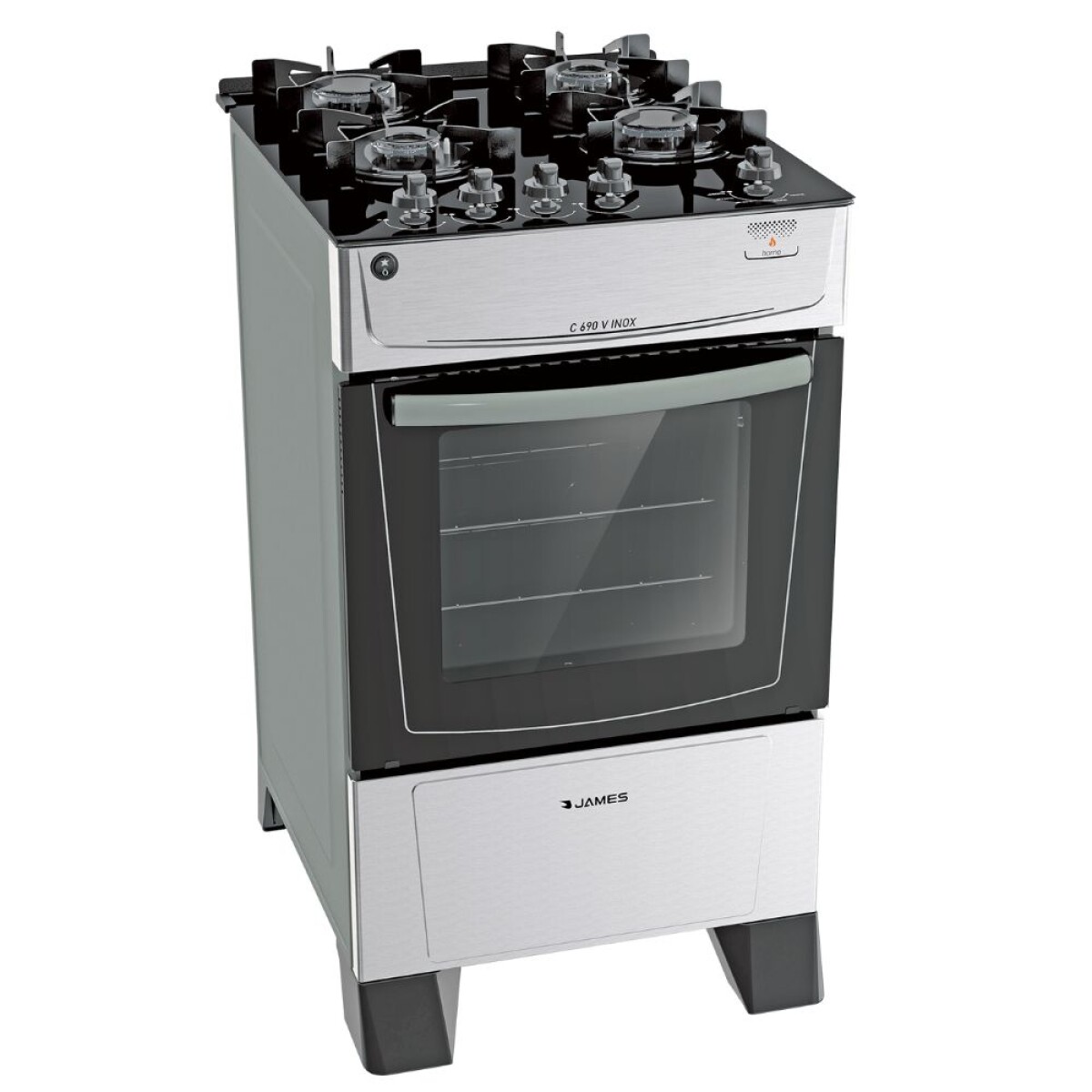 Cocina James 4H C-690 V inox. con mesada de vidrio negro 