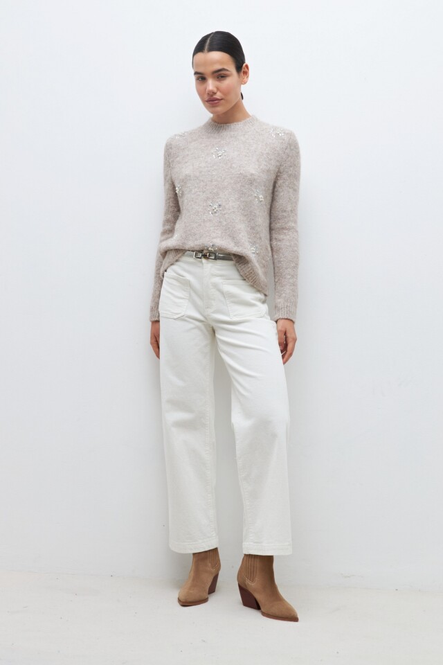 Sweater con perlas y strasses beige melange