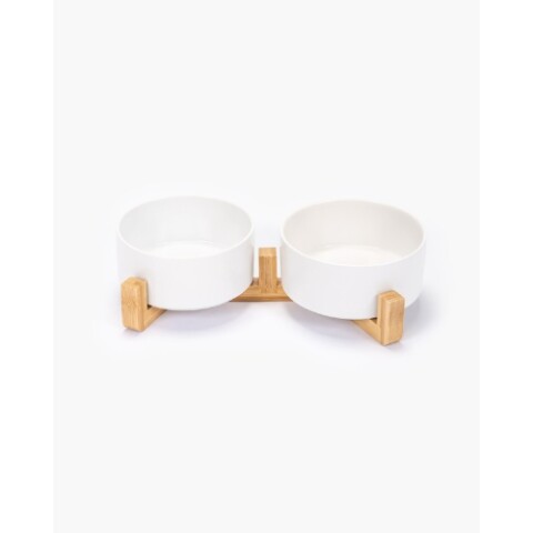 Comedero doble cerámica y bambú 28cm, Blanco Comedero Doble Cerámica Y Bambú 28cm, Blanco