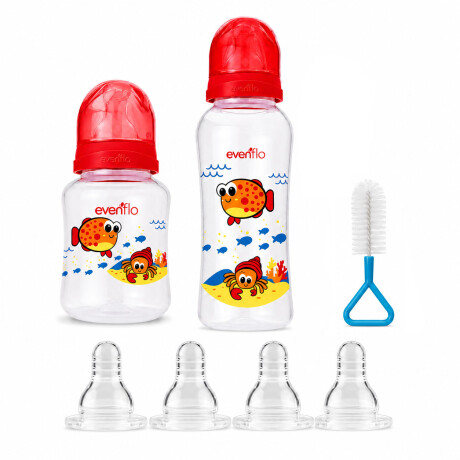 Set Evenflo X2 Mamaderas 120/240ml + Pack X4 tetinas cepillo Rojo