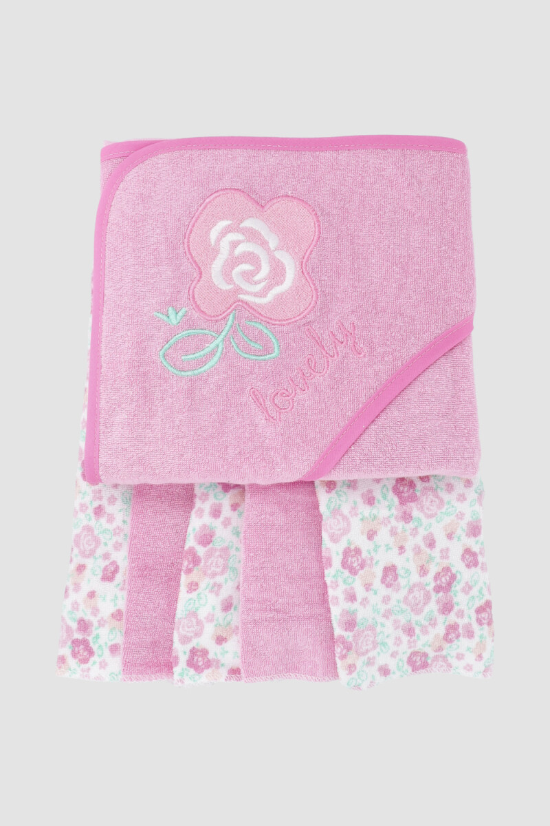 Toalla con capucha + 3 babitas bebe flores Rosado