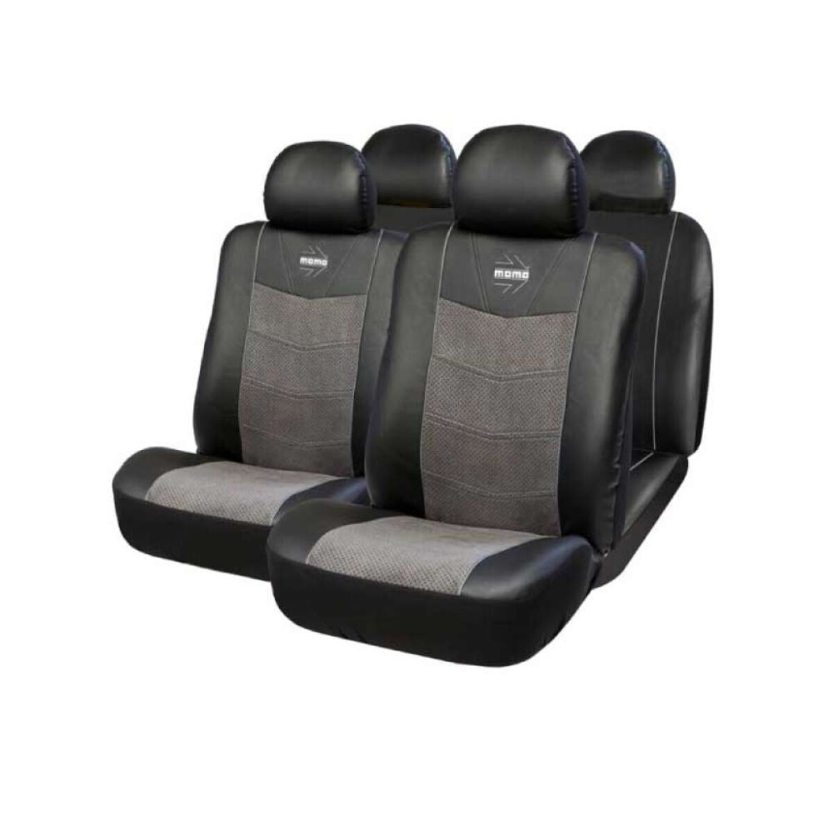 Juego Cubreasiento Momo Auto Combinado Ecocuero Y Tela - Negro Con Gris 