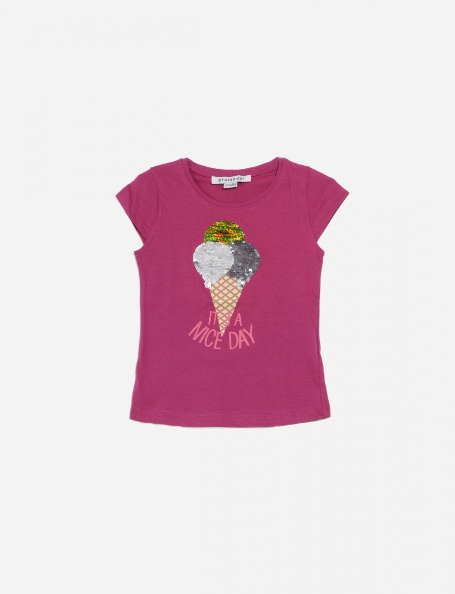 Remera m/c con estampa de helado - Fucsia 