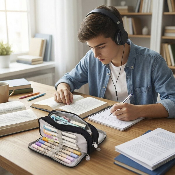 Cartuchera Escolar Liceo Escuela Organizador 4 Cierres XL Negro