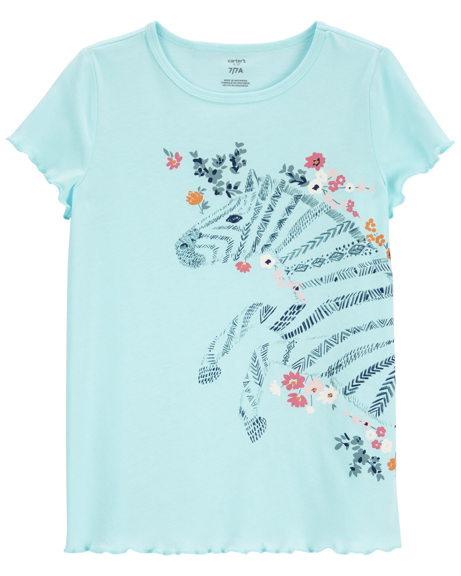 Remera de algodón, bordes festoneados, estampa cebra. Talles 6-8 Sin color