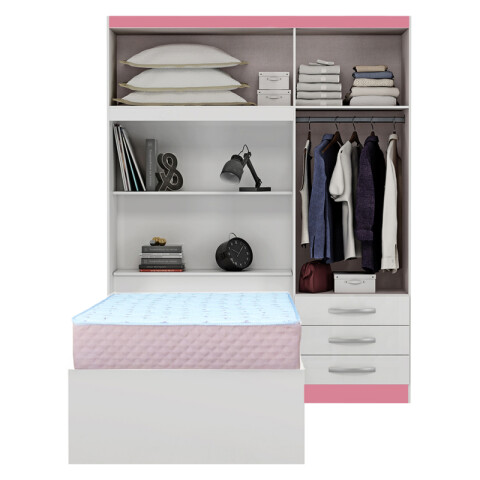 Juego de Dormitorio Ropero Lisboa 4 Puertas 3 Cajones Estantes Baúl con Cama Blanco Rosa y Colchón Roma Espuma 88 cm Juego de Dormitorio Ropero Lisboa 4 Puertas 3 Cajones Estantes Baúl con Cama Blanco Rosa y Colchón Roma Espuma 88 cm