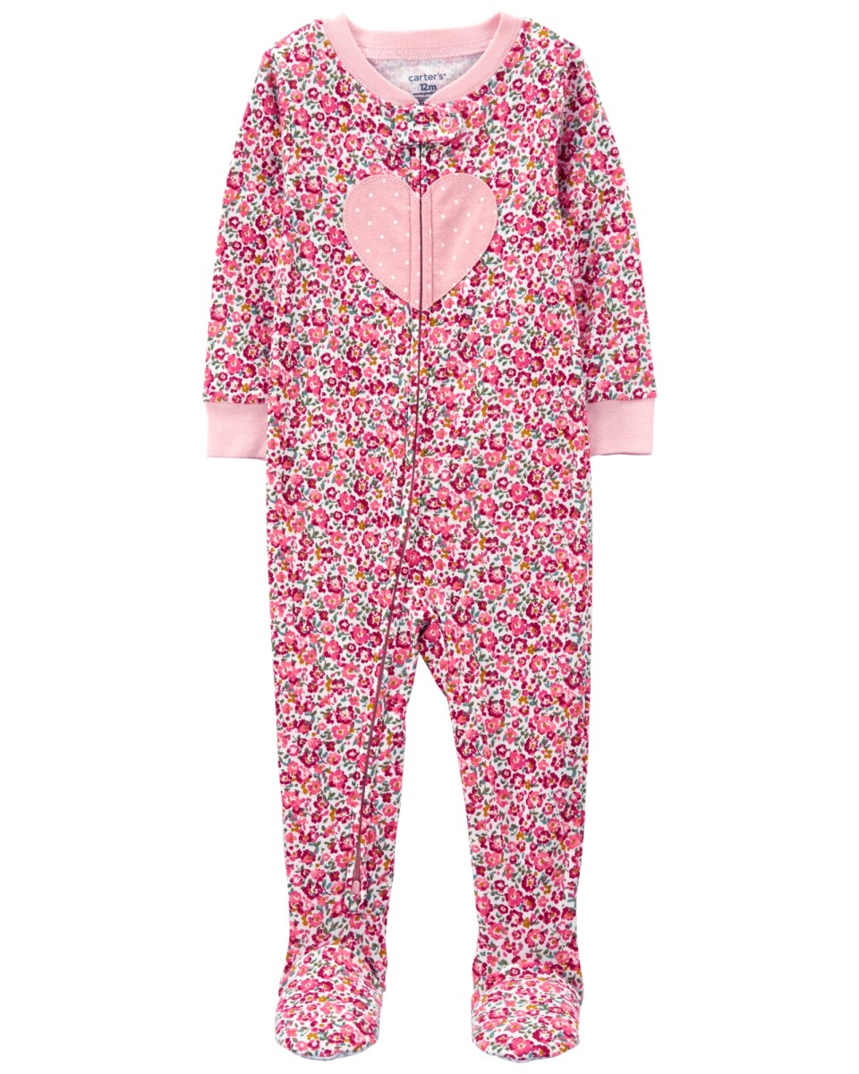 Pijama uno pieza de algodón, con pie, diseño floral y estampa corazón 
