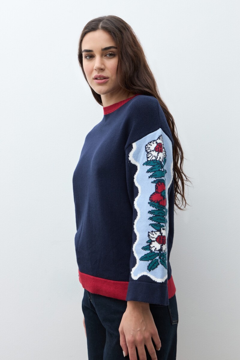 Sweater jacquard floral nativa azul marino