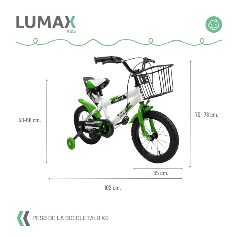 Bicicleta Rodado 14 Con Canasto Y Caramañola Niño Niña Lumax Verde