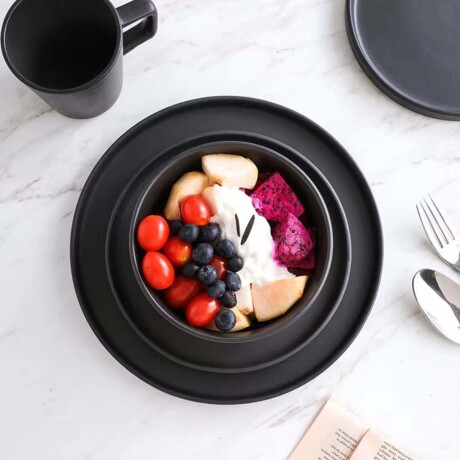 Juego de Vajilla Cerámica 16 Piezas Platos Bowls Tazas 325ml Negro