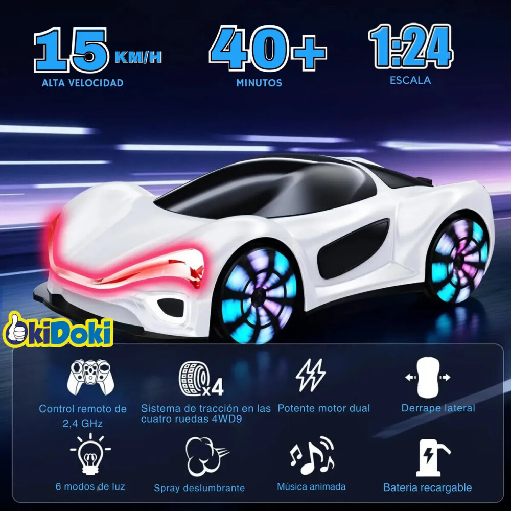 Auto a control remoto futurista, con luz y efecto humo!!! Blanco