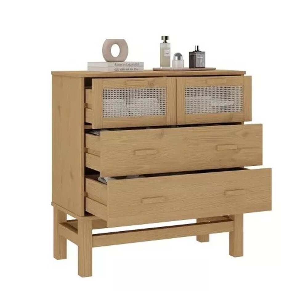 Cómoda 4 Cajones Cajonera Madera Maciza Ratan Natural Cómoda 4 Cajones Cajonera Madera Maciza Ratan Natural