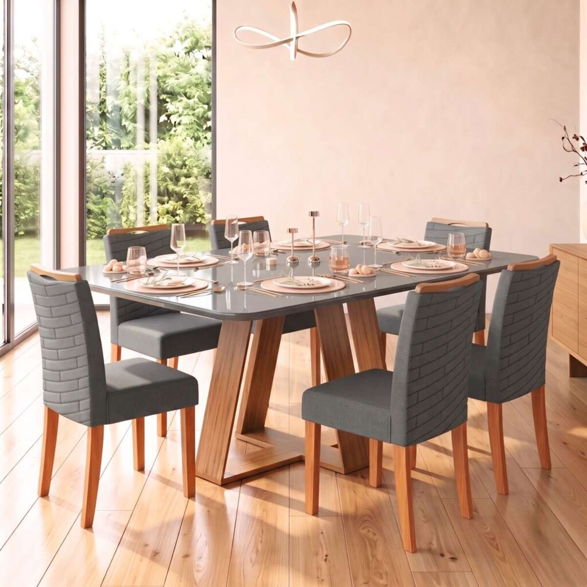 Juego De Comedor 6 Sillas + Mesa Vidrio Celeste - Gris 
