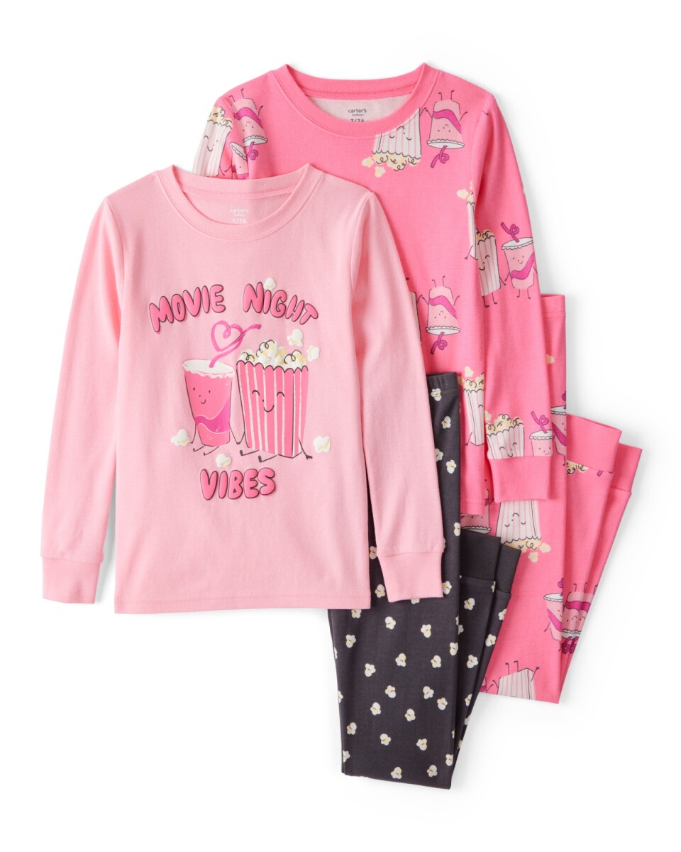 Pijama cuatro piezas de algodón, dos remeras manga larga y dos pantalones, diseño pop 