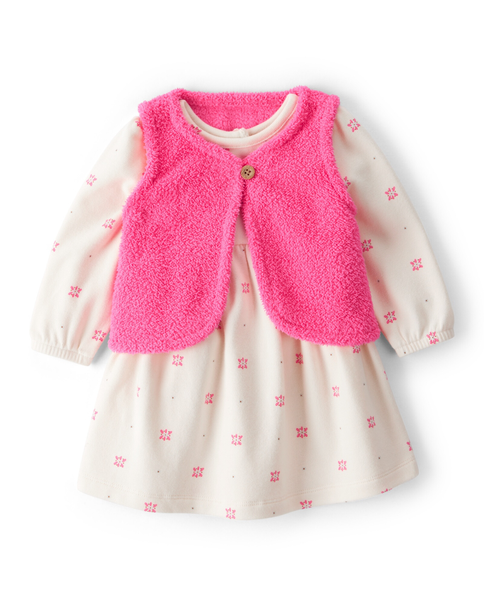 Set dos piezas, vestido de algodón y chaleco sherpa rosado Sin color