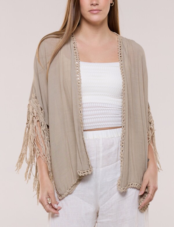Cardigan Con Flecos Y Espalda Crochet TOSTADO