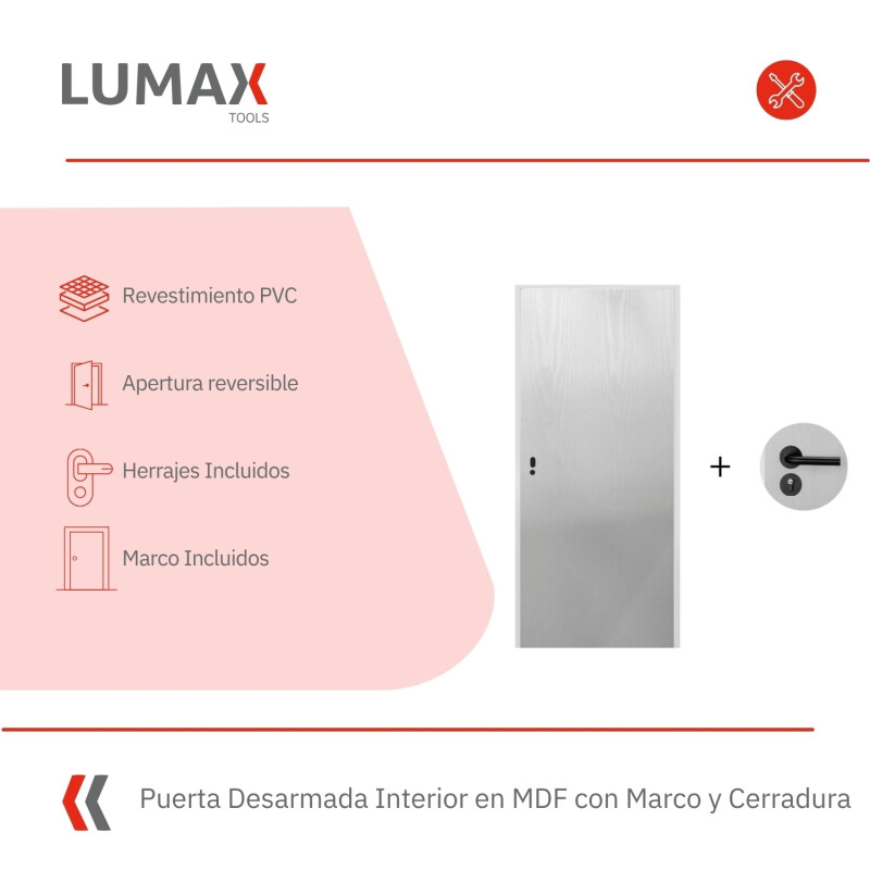 Puerta Desarmada Interior en MDF con Marco y Cerradura Lumax Blanca tramada Herraje Negro