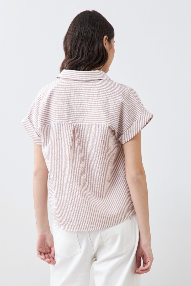 Camisa rayada manga corta beige